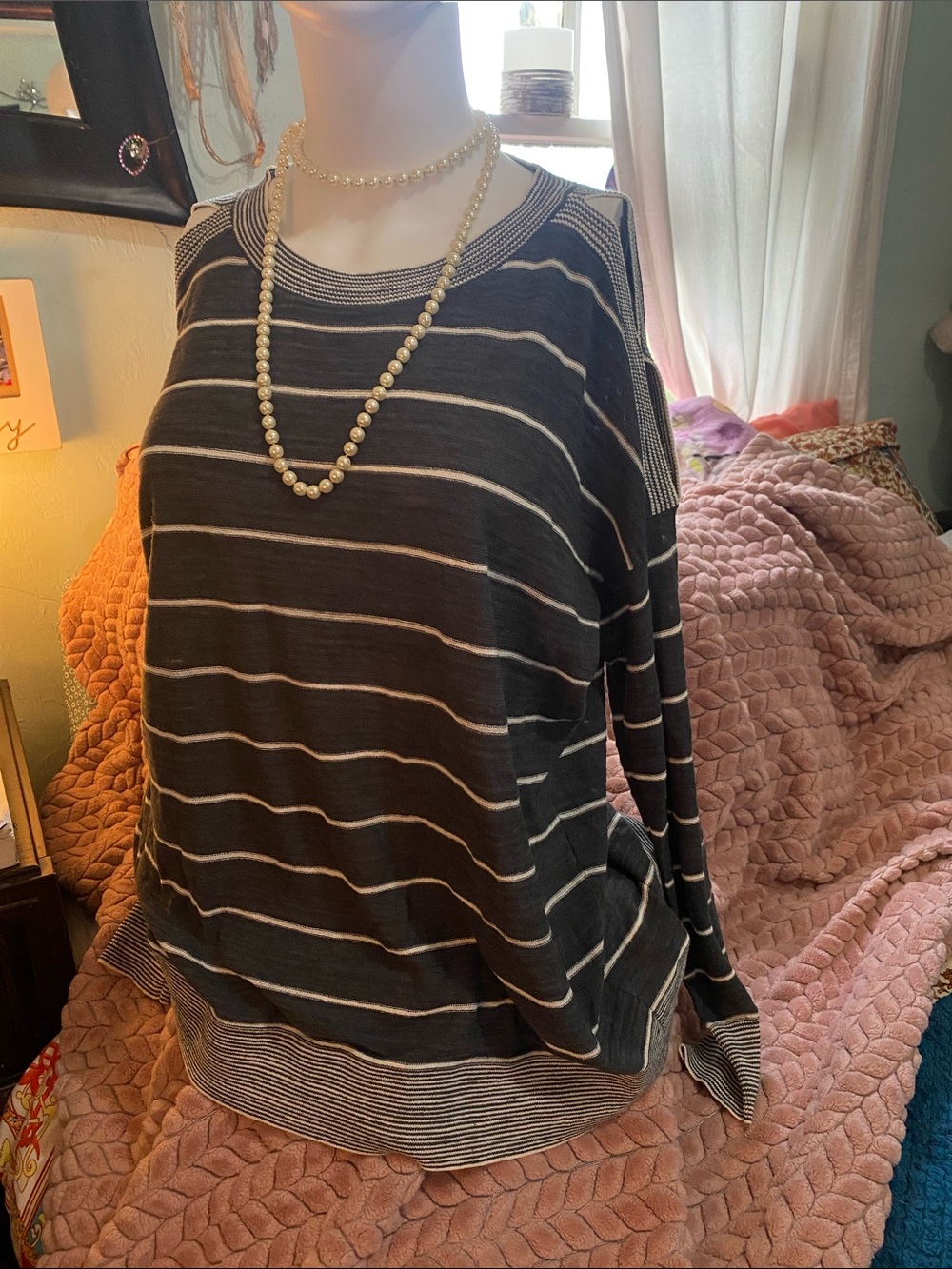 LOFT Black & White Striped Knit Tunic Sweater